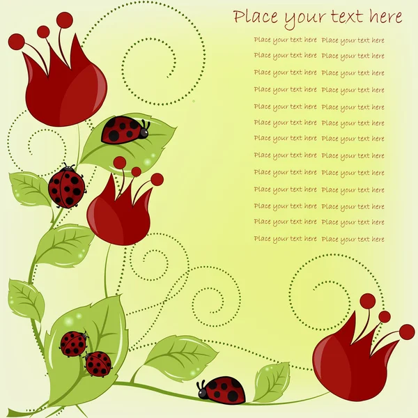 Ladybugs ve kırmızı çiçekler ile güzel kart — Stok Vektör