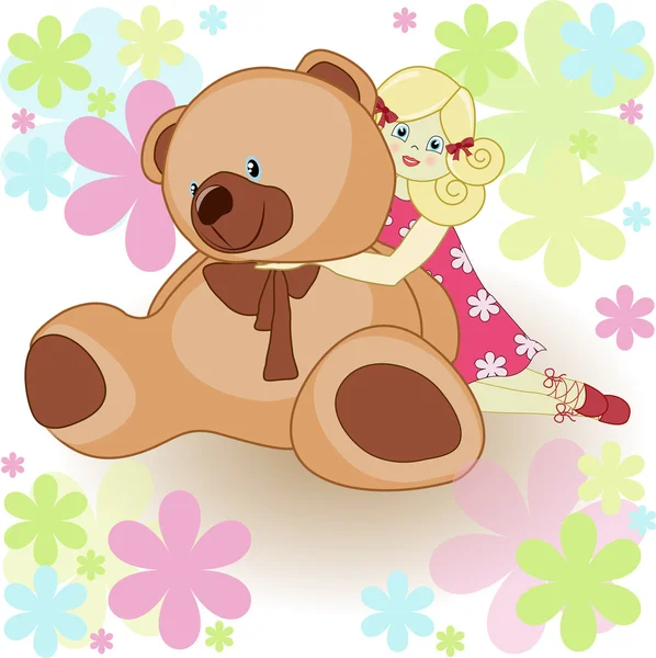 Cartão bonito: a menina com um urso de brinquedo — Vetor de Stock
