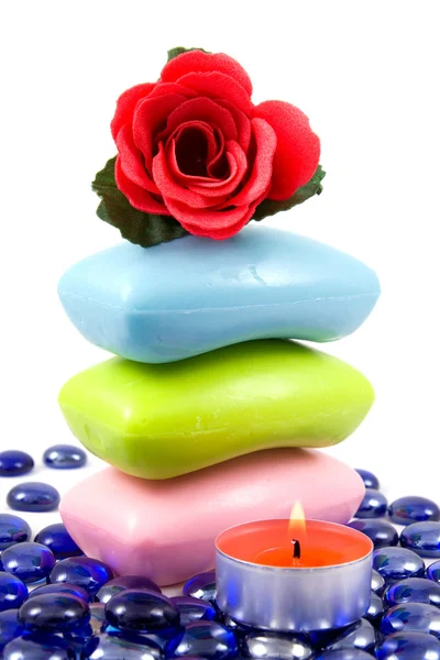 Colourful soap and aroma rose — Stock Photo, Image