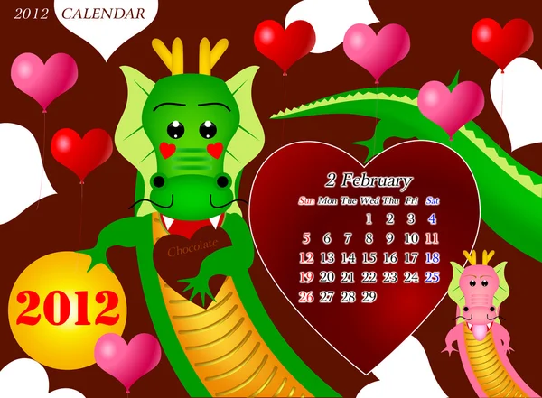 Doragon calendar 2012 february — Stock Vector
