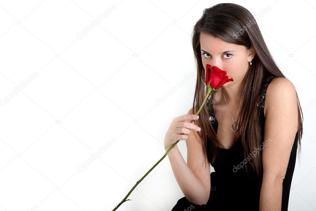Pretty Brunette With Red Rose