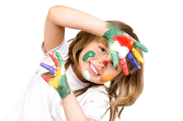 Little beautiful girl and paint — Stock Photo, Image