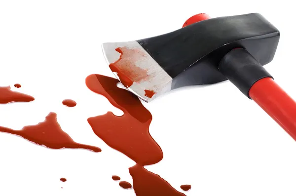 Instrument of crime axe close in puddle blood — Stock Photo, Image