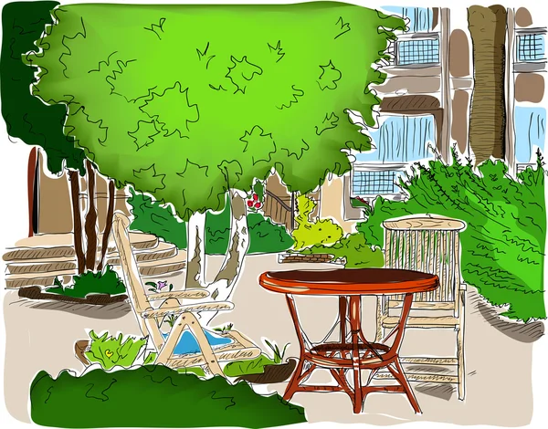 Café in de tuin. volledige gekleurde versie. — Stockvector