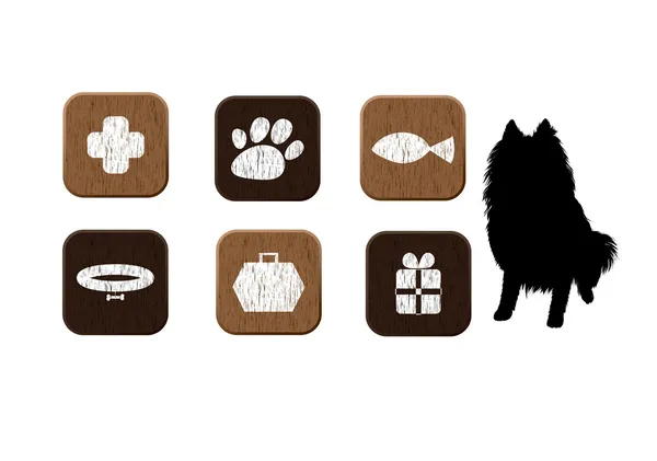 Mascotas alimentos, veterinaria, tienda iconos de madera conjunto — Vector de stock