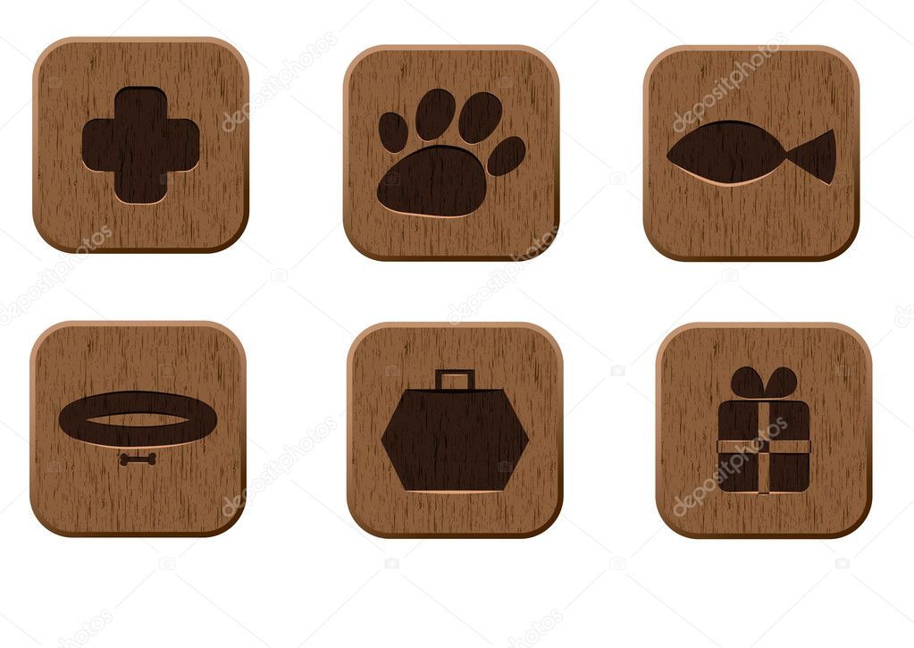 Pet shop wooden icons set