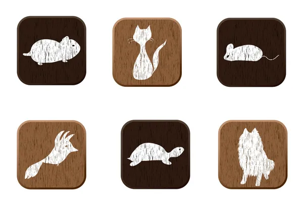 Evcil hayvan siluetleri ile evde beslenen hayvan dükkan ahşap Icons set. — Stok Vektör