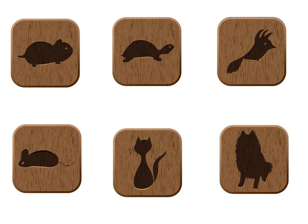 Wooden icons set with pets silhouettes. — Stock Vector