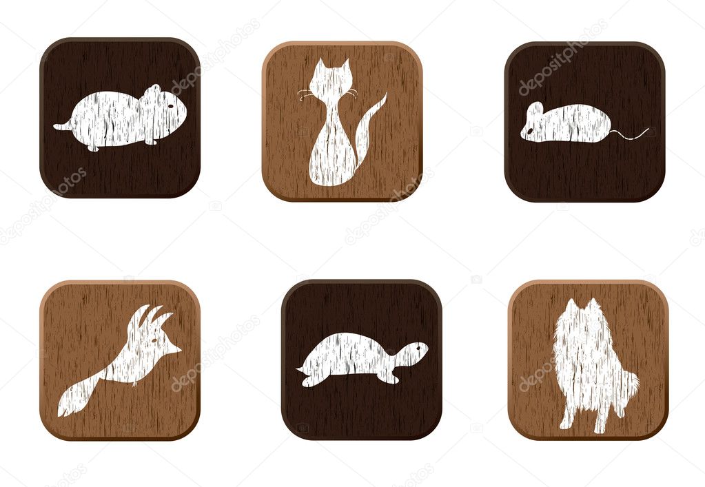 Pet shop wooden icons set with pets silhouettes.