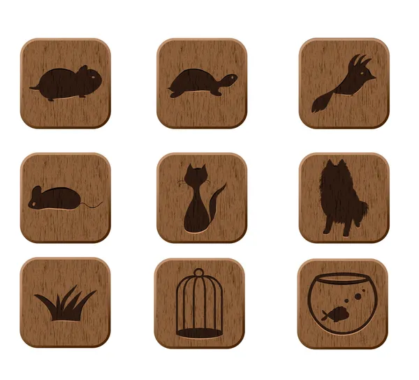 Wooden icons set with pets silhouettes — Stock Vector