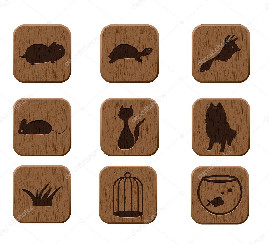 Wooden icons set with pets silhouettes