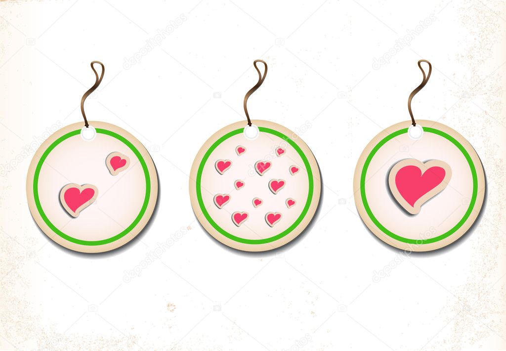 Set of round labels with hearts on old paper