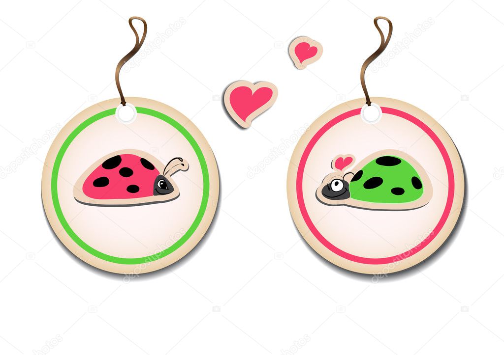 Vector set of tags with ladybirds in love