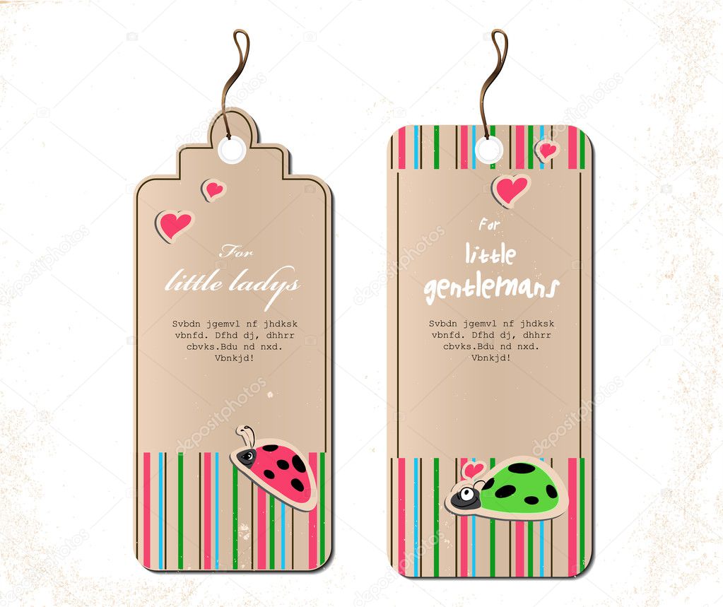 Vector set of tags with ladybirds in love.