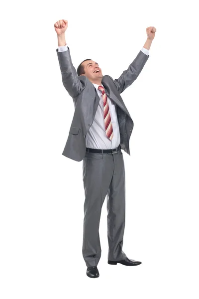 Emocionado hombre de negocios guapo con los brazos levantados en el éxito —  Fotos de Stock