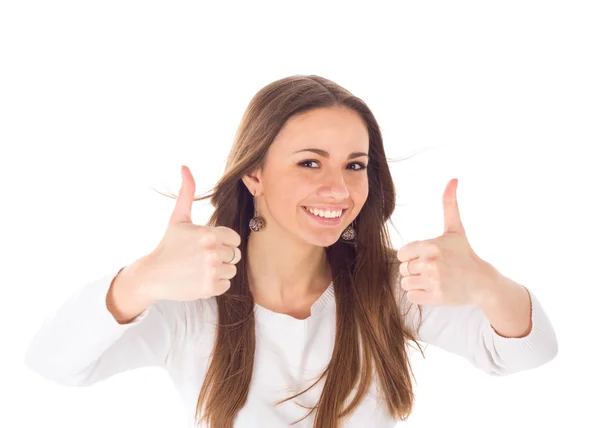 Closeup portrait of a beautiful young woman showing thumbs up sign — Stock Photo, Image