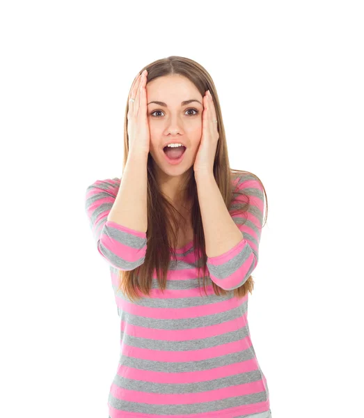 Closeup portrait of surprised young lady looking up — Stock Photo, Image