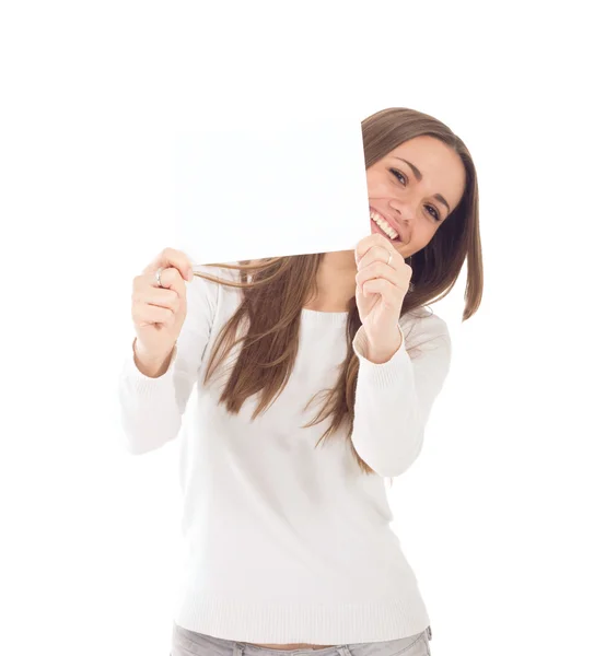 Mulher jovem mostrando placas em branco — Fotografia de Stock