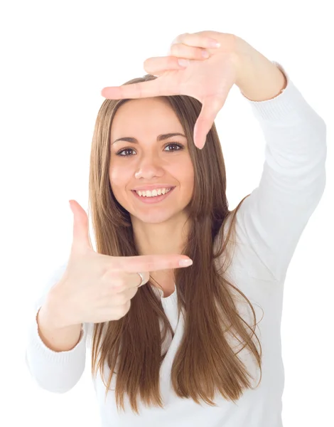 Closeup of young beautiful woman making frame with her hands — Stock Photo, Image