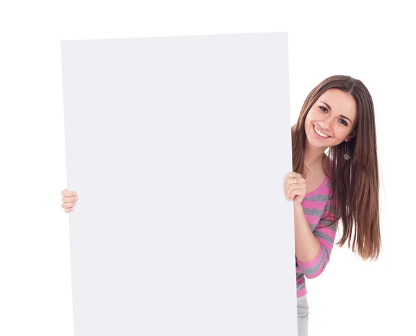 Feliz sorridente jovem empresária mostrando tabuleta em branco — Fotografia de Stock