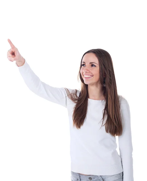 Kvinna pekar på tecken — Stockfoto