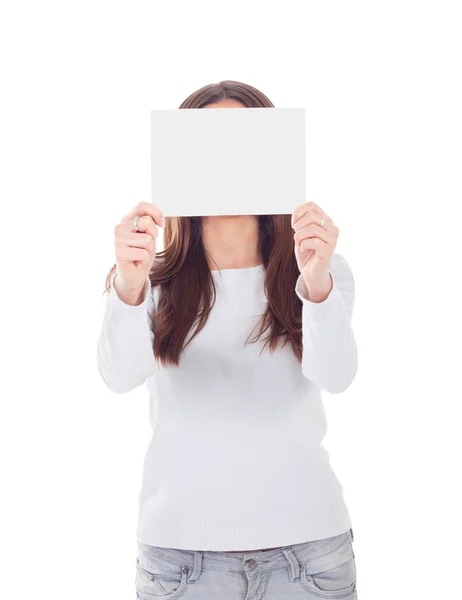 Mulher jovem mostrando placas em branco — Fotografia de Stock