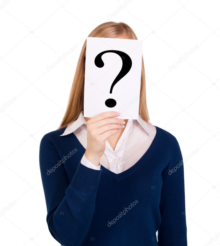 Business woman take question sign