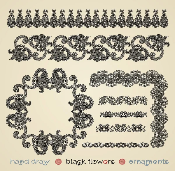 Černé květy ornamenty a rám — Stockový vektor