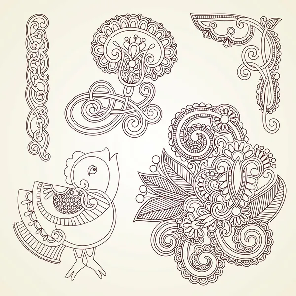 Fiori e uccello doodle vettore illustrazione elemento di design — Vettoriale Stock