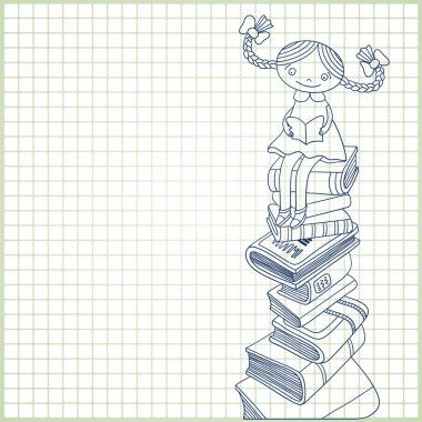 Schoolgirl sitting on the heap of books clipart