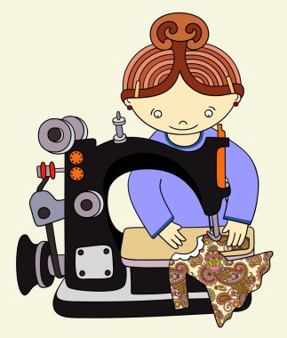 Woman seamstress work on the sewing-machine clipart