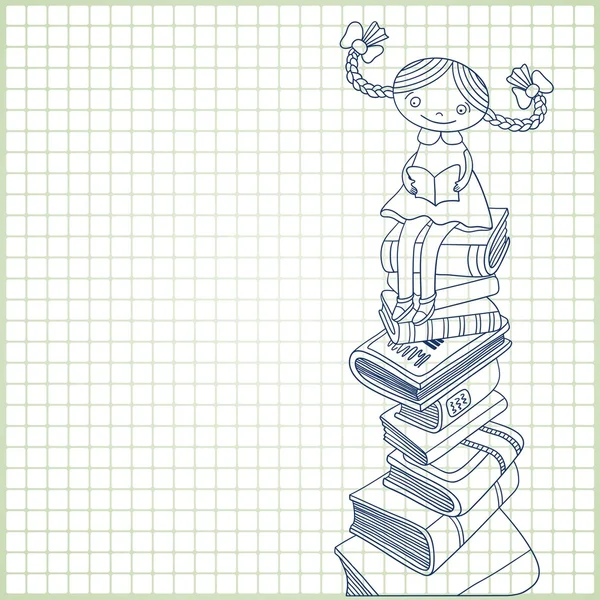 Schoolgirl sitting on the heap of books — Stock Vector