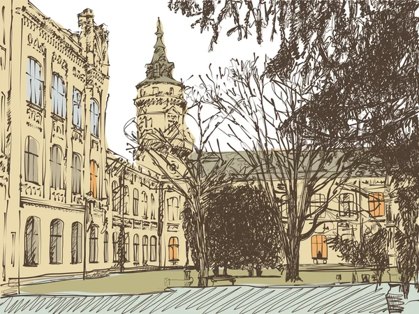 Ручной рисунок старого здания города — стоковый вектор