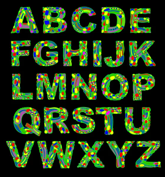 Alfabeto de colores psicodélicos adornado — Vector de stock