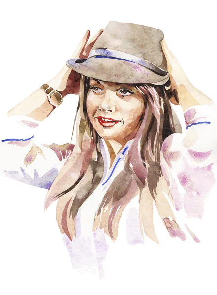 Акварельний портрет молодих жінок з капелюхом — стоковий вектор
