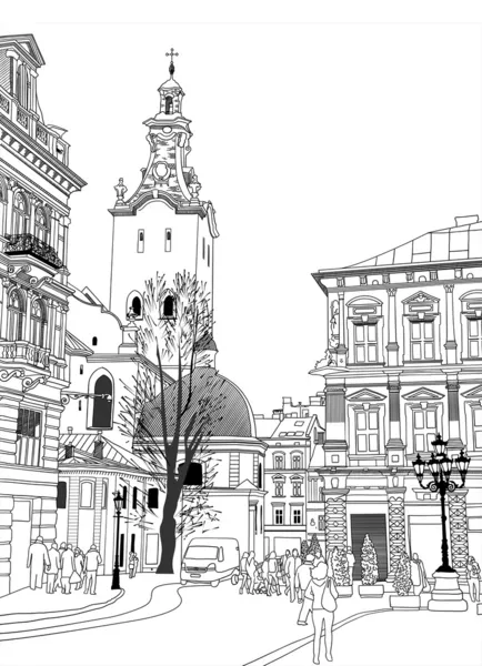 リヴィウ歴史的建造物、ウクライナのベクトル イラストをスケッチします。 — ストックベクタ