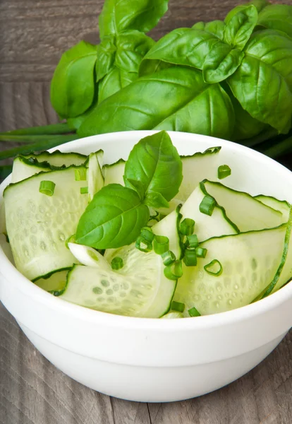 Gurkensalat mit grünen Zwiebeln und Basilikum — Stockfoto