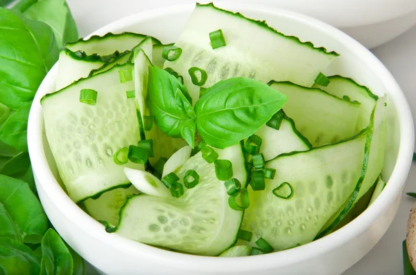 Okurkový salát s zelené cibulky a bazalkou — Stock fotografie