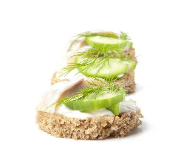 stock image Sandwiches with herring, cucumber and dill