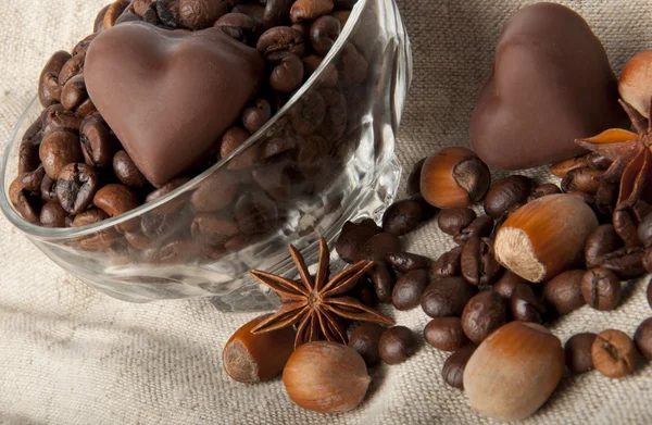 Coffee grains, wood nut and chocolate — Stock Photo, Image