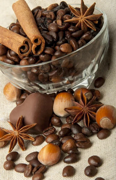 Café en grains, chocolat et cannelle — Photo