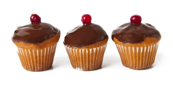 Three cupcakes with chocolate frosting — Stock Photo, Image