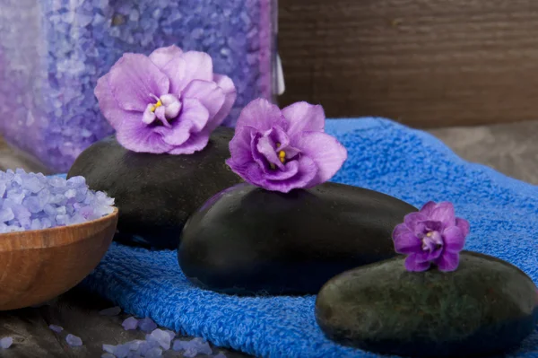 Камни с фиолетовым цветом и лавандовой солью — стоковое фото