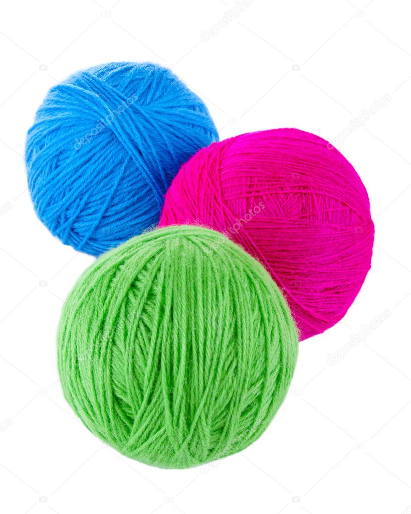 Balls of blue, red and green wool