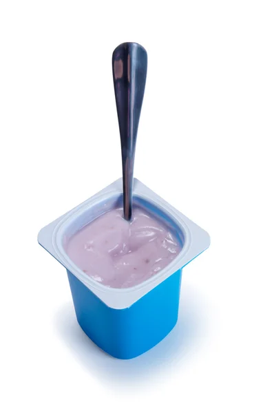 Kinder blauer Joghurt mit Löffel — Stockfoto