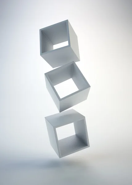 Tres cajas flotantes vacías - Composición abstracta — Foto de Stock