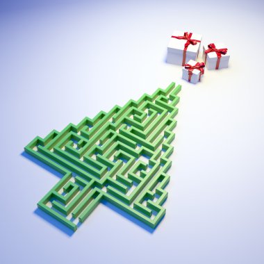 Christmas Tree shaped maze leading to gifts clipart