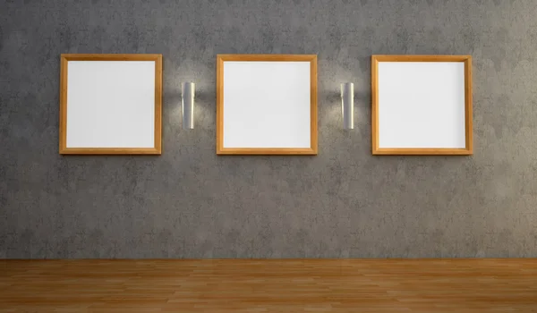 Interieur met drie lege frames op de muur — Stockfoto