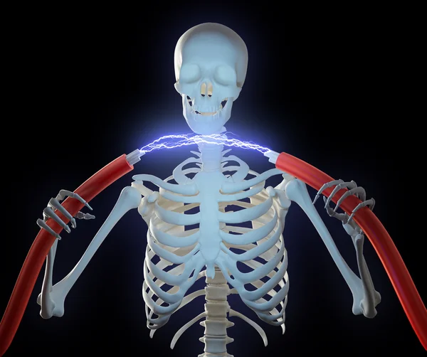 A skeleton holding high voltage cables with an electric discharge between t — Stock Photo, Image