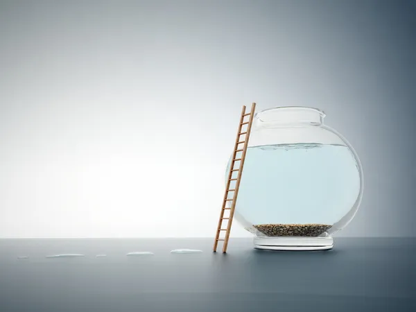 Bir merdiven ile-boş fishbowl bağımsızlık ve özgürlük kavramı illustratio — Stok fotoğraf